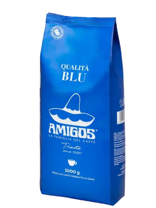 Opakowanie kawy Amigos Qualita Blu – harmonijna mieszanka Arabiki i Robusty o idealnym balansie smaku.