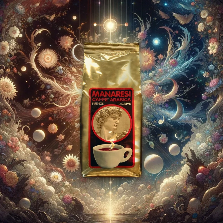 grafika przedstawiająca kawę manaresi arabica golden oro, na tle kosmosu