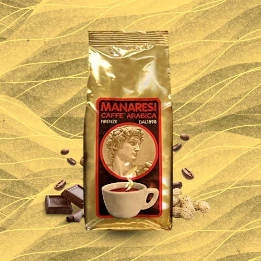 grafika przedstawiająca kawę manaresi arabica golden oro, na tle złotego przepływu reprezentując, tym samym składniki wyczuwalne w mieszance