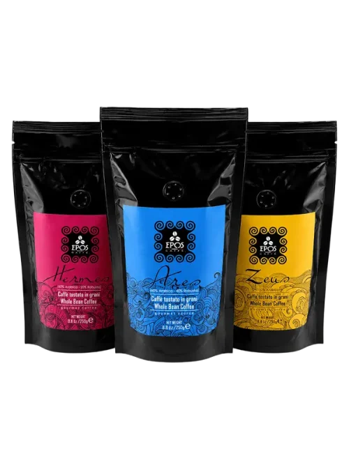 zestaw degustacyjny Epos Caffè — kawa mielona Hermes, Afrodite, Zeus 250g, włoska kawa gourmet